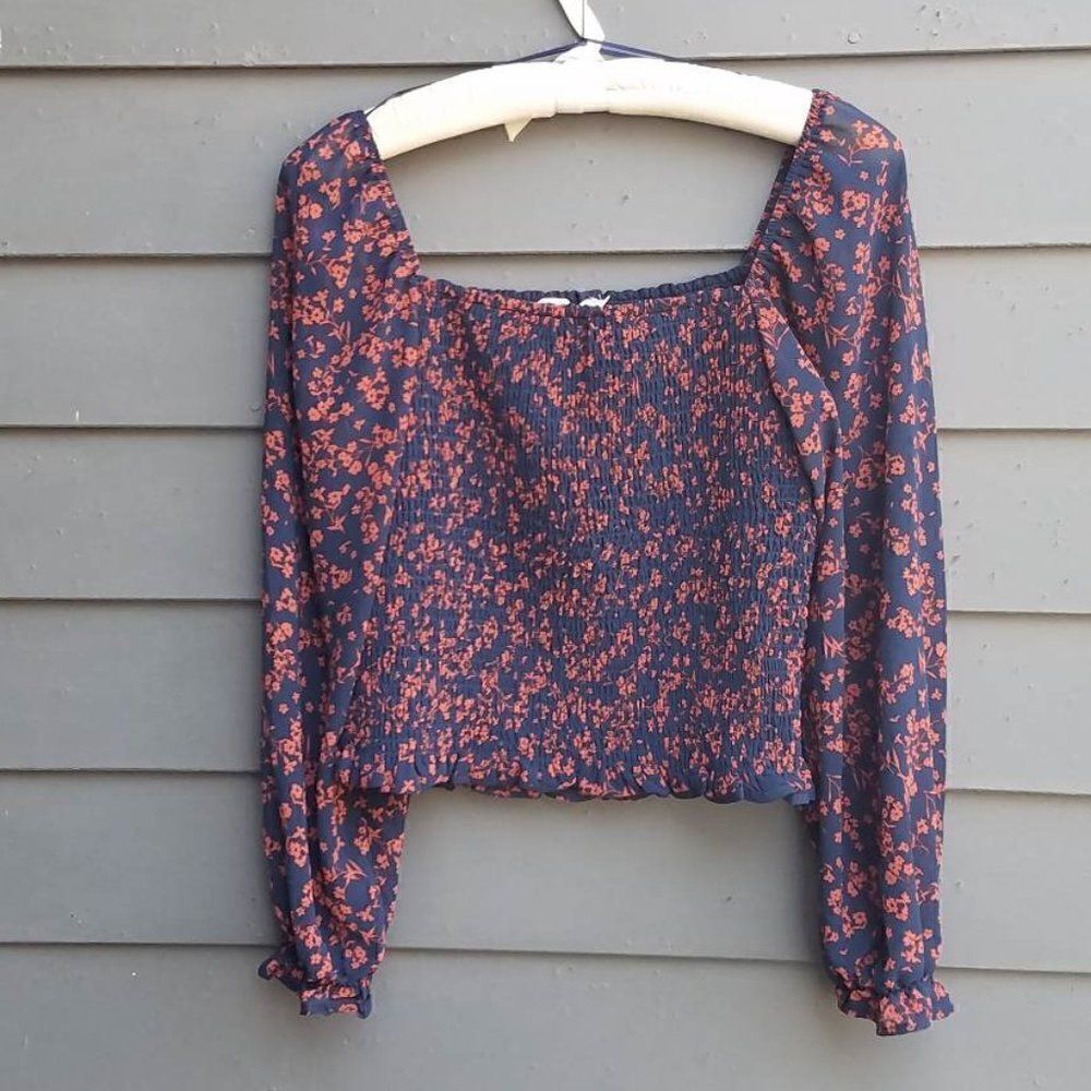 LUSH Navy Orange Reyna Smocked Crop Top